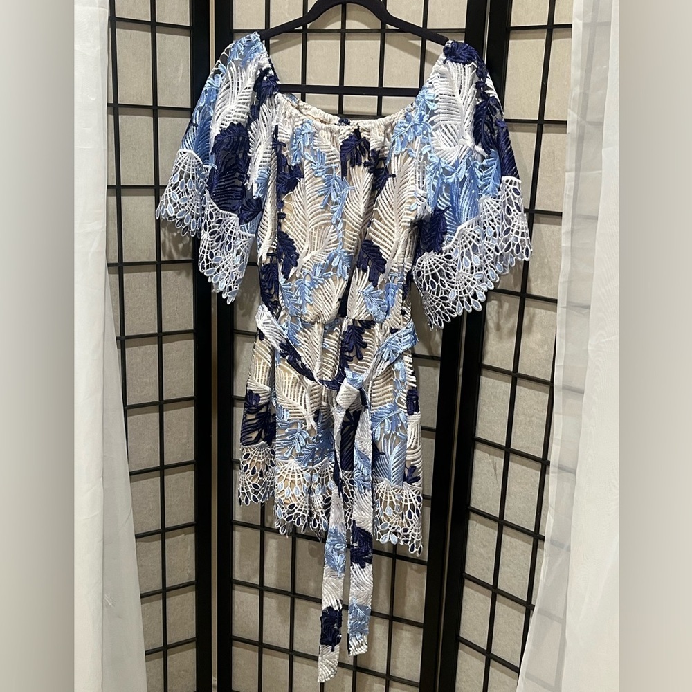 Aura Classic OFF THE SHOULDER BLUE BURNOUT & CUTOUT LACE ROMPER WOMEN SIZE M